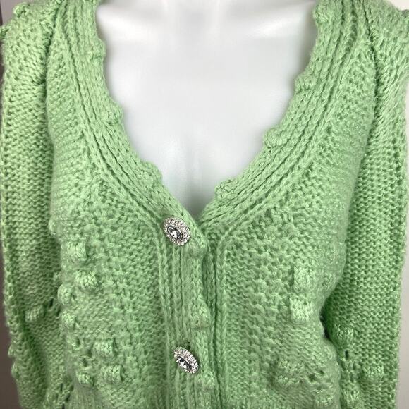 Sunday Up Green V Neck Popcorn Crochet Knit Button Down Cardigan Sweater Top S - Picture 3 of 5